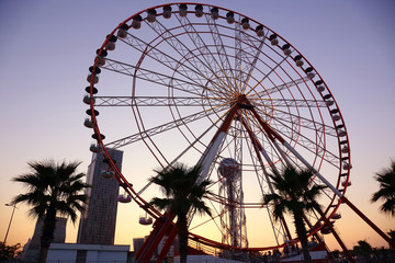 Fototapeta premium Ferris wheel at sunset in Batumi, Georgia.