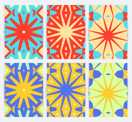 Covers with symmetric, round ethnic design. Bright colorful templates set. Vector backgrounds for restaurant menu, flyer, business card, brochure, banner, placard etc.