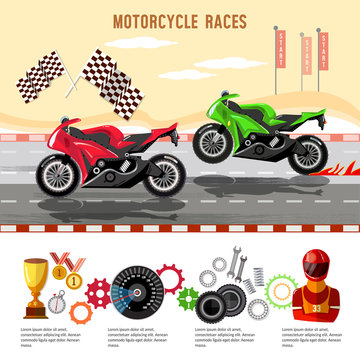 Motorcycle races infographic. Motorcycle racing championship on the racetrack. Moto sport concept vector