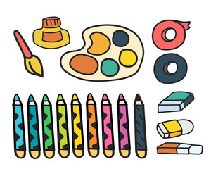 Vector set of art paints stationery doodle style