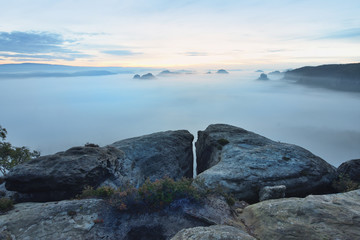 Autumn landscape. Morning view over sandstone cliff into deep misty valley. Sandstone peaks