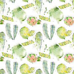 Cotton fabric watercolor cactus seamless pattern