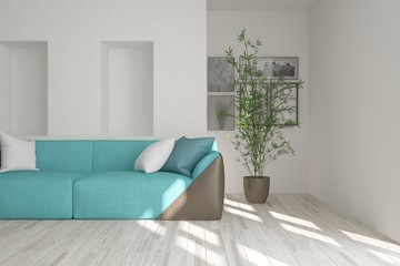Idea of white minimalist room with sofa. Scandinavian interior design. 3D illustration