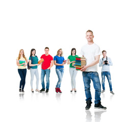 Fototapeta premium Large group of teenage students isolated on white background. Many different people standing together. School, education, college, university concept.