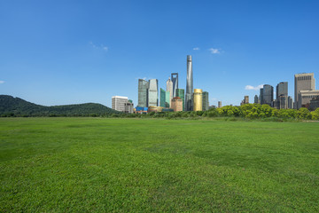 Fototapeta na wymiar cityscape and skyline of shanghai from meadow in park