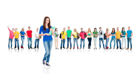 Obraz premium Large group of teenage students isolated on white background. Many different people standing together. School, education, college, university concept.