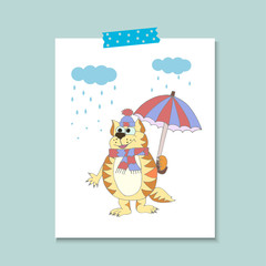 Cute cat with umbrella and scarf under rain.