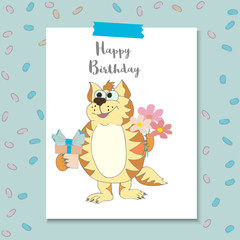 Cute cat with gifts, flowers and words Happy Birthday.