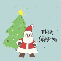 Santa Claus and Christmas tree with words Merry Christmas.
