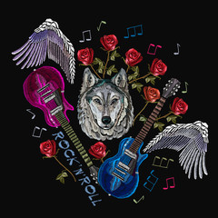 Rock n Roll embroidery, rock music print. Wolf, guitar, wings, roses, classical embroidery, music art template for clothes, textiles, t-shirt design