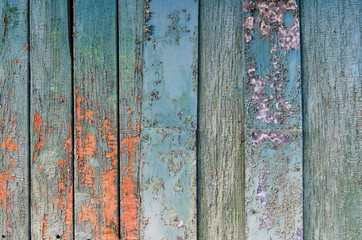 Rustic wooden fence texture background of green and blue colors