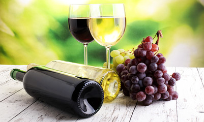 White wine and red wine in a glass with fall grapes, white wooden background