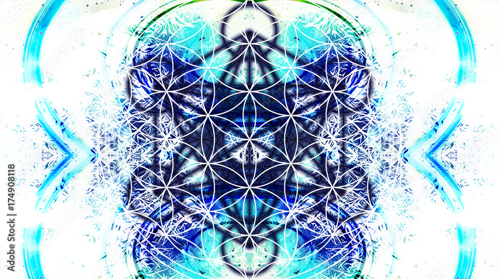 Poster Light merkaba and Flower of life on abstract color background and fractal structure. Sacred geometry.