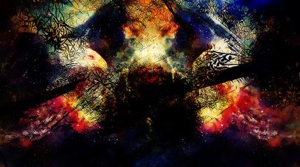 Eagle in cosmic space. Profile portratit. Computer collage.