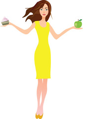 Girl holding apple in one hand and cake in another, healthy food concept