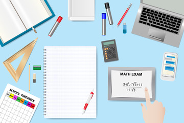 Top view of the student table. Empty notepad is in the middle of the vector ready for your text. Hand is touching tablet with math exam.
