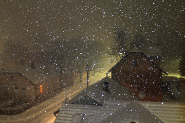 Snowy winter night in small town near Sarajevo , Bosnia and Herzegovina