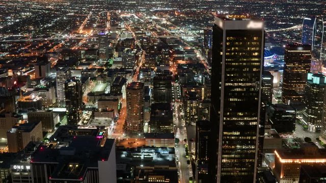 Aerial Time Lapse of Los Angeles Downtown Skyscrapers and Traffic