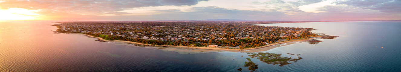 Aerial view of the beaumaris beach in Melbourne at sunset