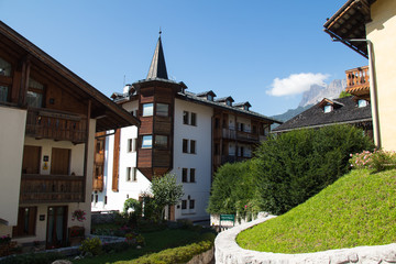 Fototapeta na wymiar Typical buildings of Cortina d'Ampezzo. Dolomites, Italy.