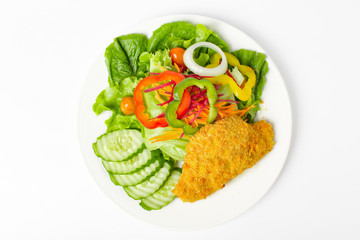 Salad with fresh vegetables and deep fried chicken
