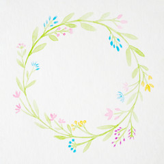 Hand drawing flowers in watercolor style on white paper background, flowers wreath with copy space for text, greeting card background, banner