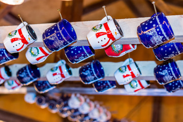 Empty gluehwein mugs christmas market stall decoration