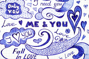 Love doodles messages with phrase, patterns and elements.