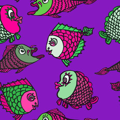 Funny pink and green fishes, hand drawn doodle, sketch in naïve, pop art style,  seamless pattern design on purple background