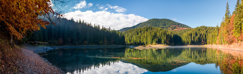 stunning panorama of mountain lake in autumn. Beautiful Scenery of high altitude Synevyr Lake among spruce forest, the most visited landmark in Ukrainian Carpathians. - obrazy, fototapety, plakaty