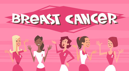 Breast Cancer Day Diverse Group Of Woman Disease Awareness And Prevention Poster Flat Vector Illustration