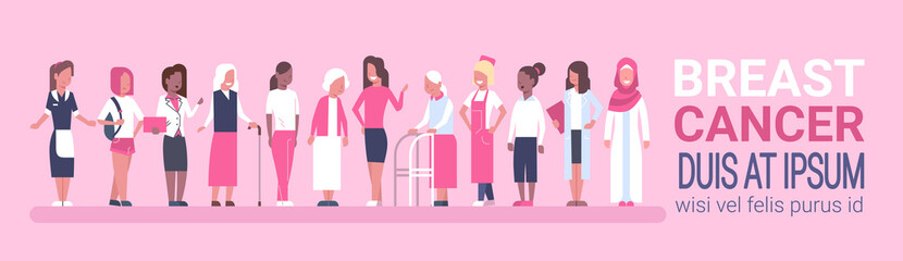 Breast Cancer Day Diverse Group Of Woman Disease Awareness And Prevention Poster Flat Vector Illustration