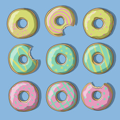 Illustration of sweet colored donuts of yellow, pink and green on a blue background