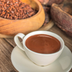 Cup of hot chocolate with cocoa powder,