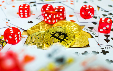 golden bitcoin red dice and card, gambling concept