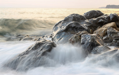 stones on sea shore, black stones, wave and rock, seascape, shiny stone