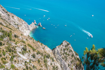 Spiaggia delle due sorelle (Beach of the two sisters) seen from above, Numana, Sirolo, Riviera del conero (Conero coast), Marche, Italy. 