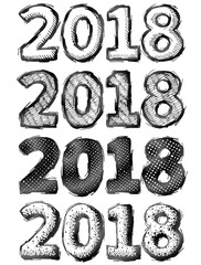 Hand drawn New Year 2018. Sketch of year number in doodle style. Best vector illustration for new years day, christmas, winter holiday, new years eve, silvester, etc