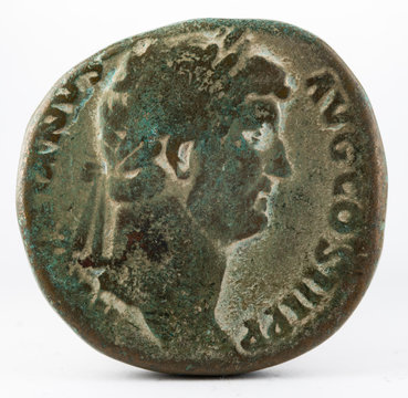 Ancient Roman bronze sertertius coin of Emperor Hadrian. Obverse.
