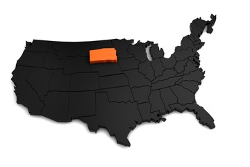 United States of America, 3d black map, with South Dakota state highlighted in orange. 3d render