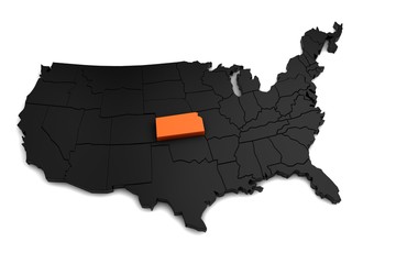 United States of America, 3d black map, with Kansas state highlighted in orange. 3d render
