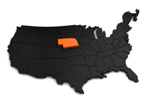 United States of America, 3d black map, with Nebraska state highlighted in orange. 3d render