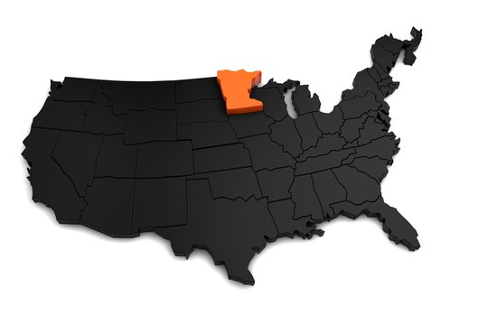 United States of America, 3d black map, with Minnesota state highlighted in orange. 3d render