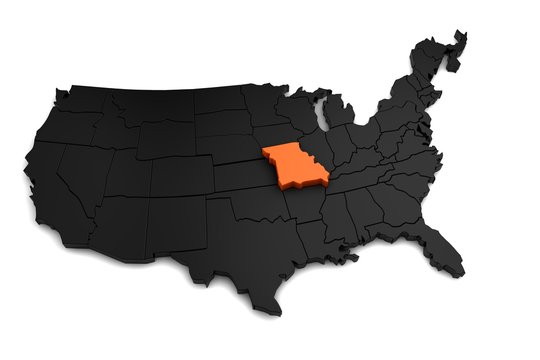 United States of America, 3d black map, with Missouri state highlighted in orange. 3d render