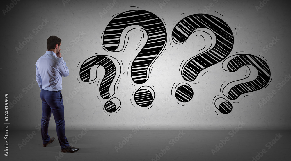 Aufkleber businessman watching a question mark sketch on a wall 3d rendering