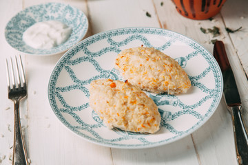 vegetable cutlet in composition on wooden table