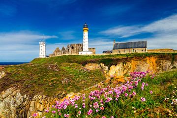 Panorama of lighthouse and ruin of monastery, Pointe de Saint Mathieu, Brittany (Bretagne), France