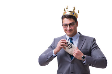 King businessman holding money bag isolated on white background