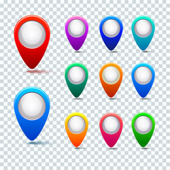 set of color map markers on transparent checkered background. vector illustration
