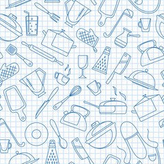 Seamless pattern on the theme of cooking and kitchen utensils, simple contour icons,  blue  contour  icons on the clean writing-book sheet in a cage